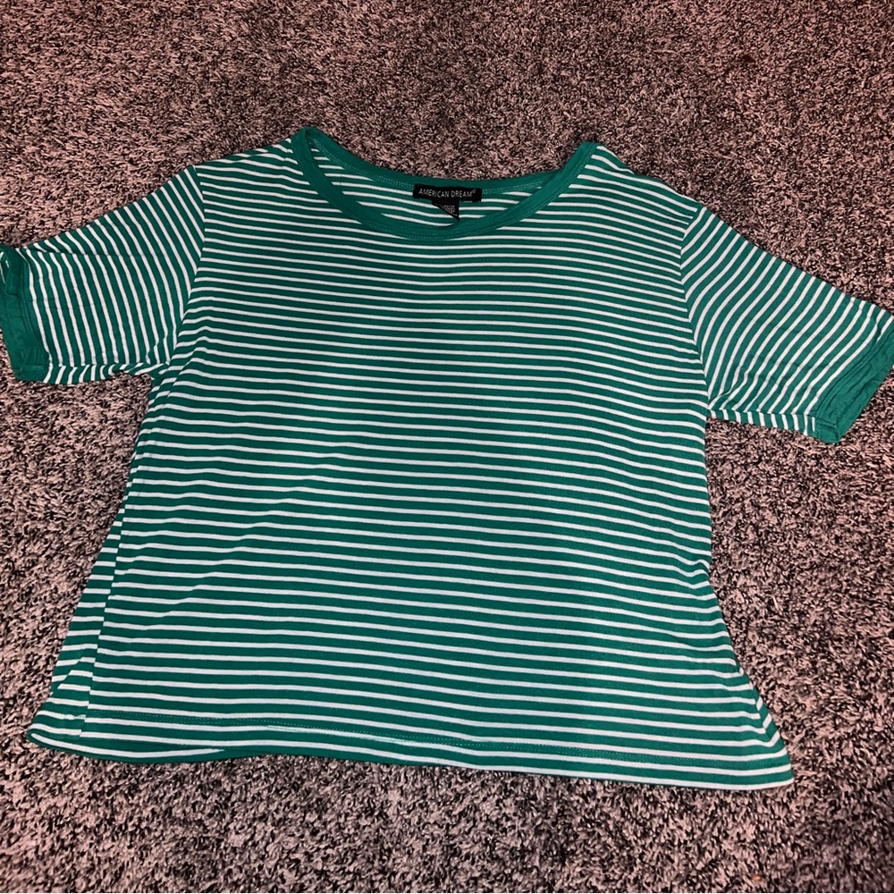 Green and white striped crop tee